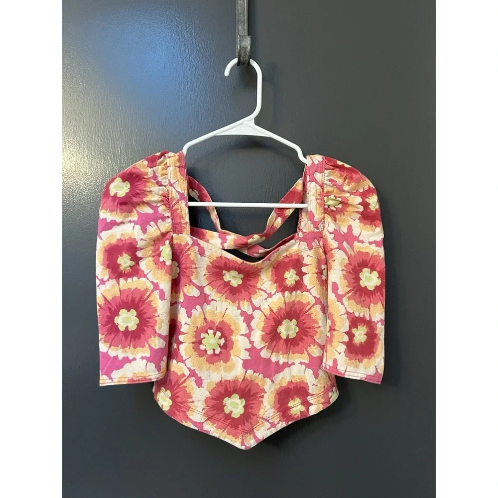 Free People Size XS Give Me More Pink Floral Multi Color Crop Top Half Sleeve